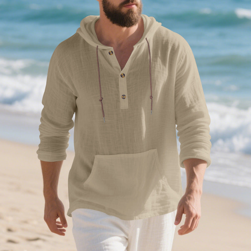 Men's lightweight hooded henley made of linen-cotton blend with kangaroo pocket and button placket Mune Fashion