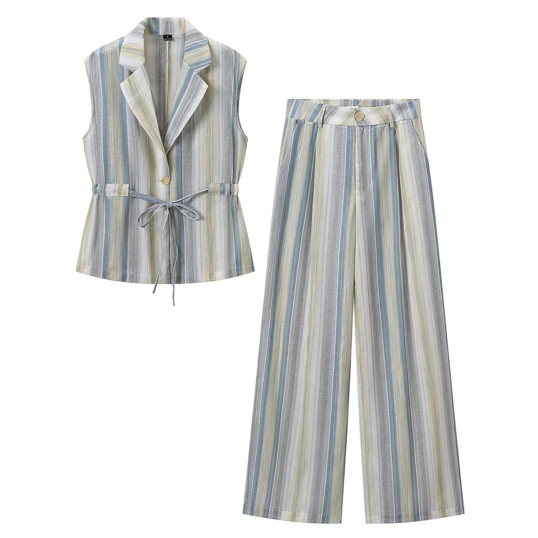 Women's Two-Piece Linen Look Set with Sleeveless Blazer Vest, Waistband and Wide Pleated Trousers Mune Fashion