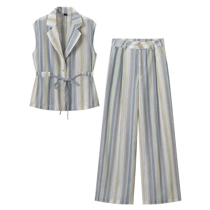 Women's Two-Piece Linen Look Set with Sleeveless Blazer Vest, Waistband and Wide Pleated Trousers Mune Fashion