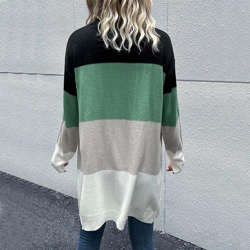 Women's Longline Knit Cardigan with Color Block Pattern, Open Front and Casual Oversized Fit Mune Fashion