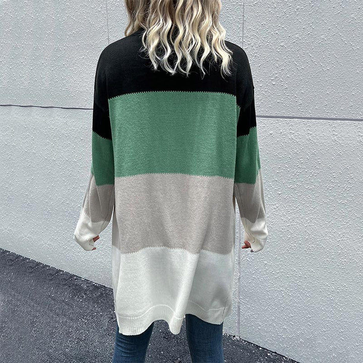 Women's Longline Knit Cardigan with Color Block Pattern, Open Front and Casual Oversized Fit Mune Fashion