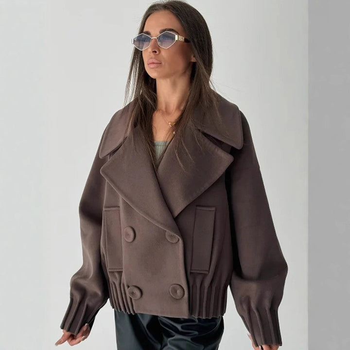 Women's Short Boxy Wool Coat with Oversized Shawl Collar, Double Button Placket and Ribbed Cuff Mune Fashion