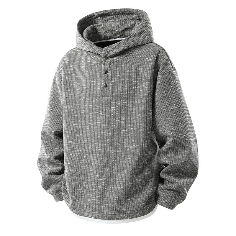 Men's Oversize Knit Hoodie with Snap Button Placket and Melanged Structure Mune Fashion