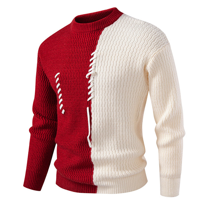 Men's two-tone structured knit sweater with decorative band detail and round neck Mune Fashion