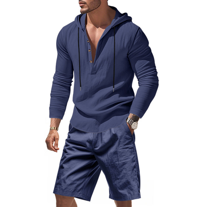 Men's Hoodie Henley Loungewear Set with Linen Look, Drawstring and Elastic Tunnel Shorts Mune Fashion