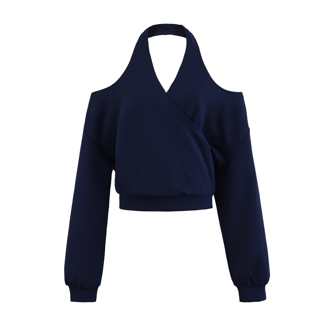 Women's Cropped Sweatshirt with Halter Neck, Cold-Shoulder and Wrap Look Mune Fashion