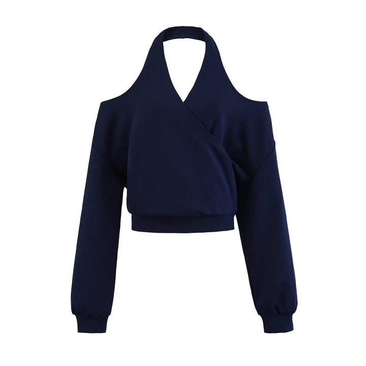 Women's Cropped Sweatshirt with Halter Neck, Cold-Shoulder and Wrap Look Mune Fashion