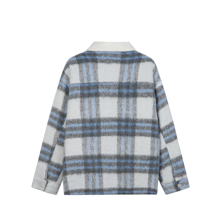 Women's Checked Wool Blend Shacket with Contrasting Faux Leather Collar Mune Fashion