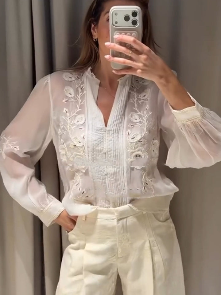 Ladies Transparent Embroidered Chiffon Blouse with Pintucks, V-Neck and Balloon Sleeves Mune Fashion