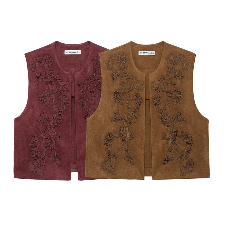 Women's Sleeveless Suede-Look Vest with Floral Appliqué Mune Fashion