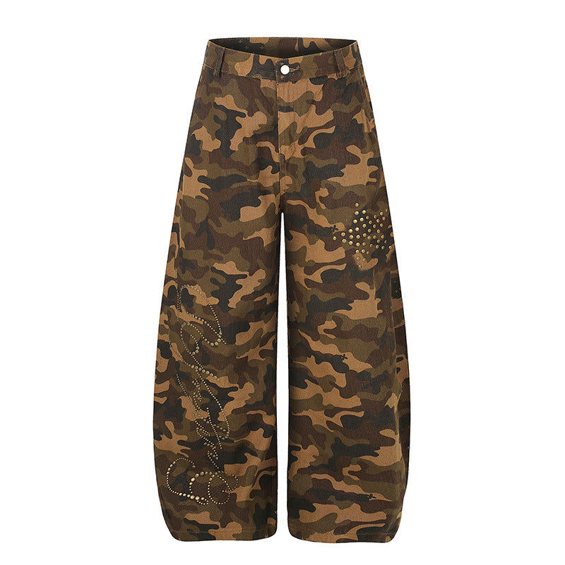 Women's Wide Camouflage Palazzo Pants with Balloon Hem and Studded Details Mune Fashion