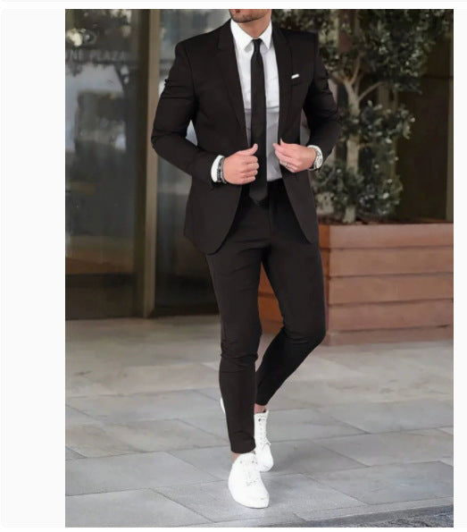 Men's fitted suit set made of lightweight stretch twill with single-button blazer and flat-front trousers Mune Fashion