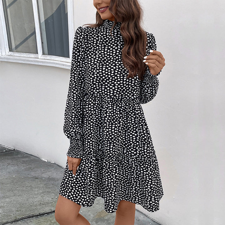 Women Loose Tiered Mini Dress with Smocked Collar, Ruffle Seam and Long Sleeves Mune Fashion