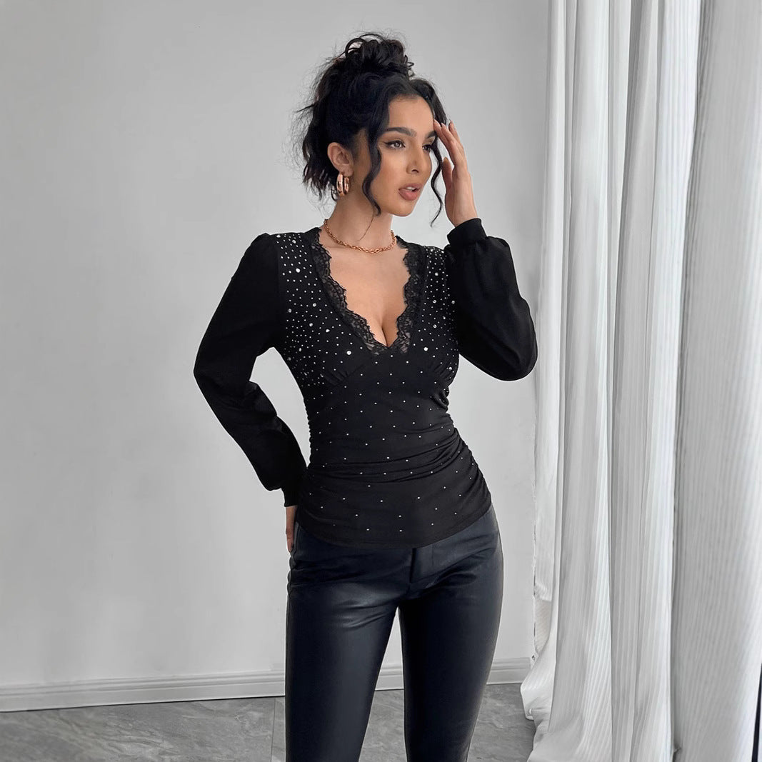 Women's tailored long sleeve shirt with deep lace décolletage, gathering, and crystal embellishment Mune Fashion