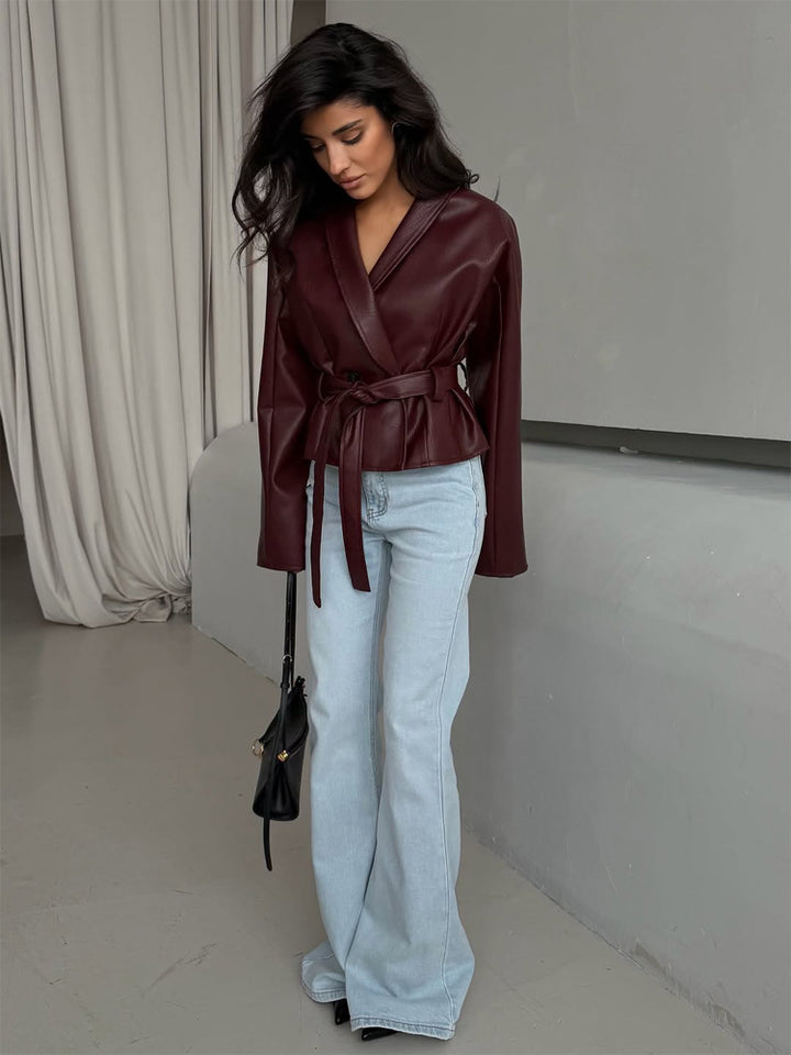 Women's Tailored Faux Leather Jacket with Peplum, Belt & Shawl Collar Mune Fashion