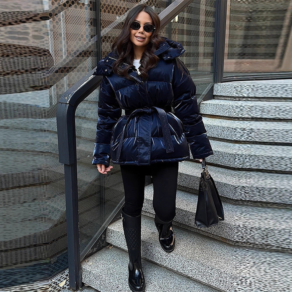 Women's padded hooded quilted jacket with waist belt Mune Fashion