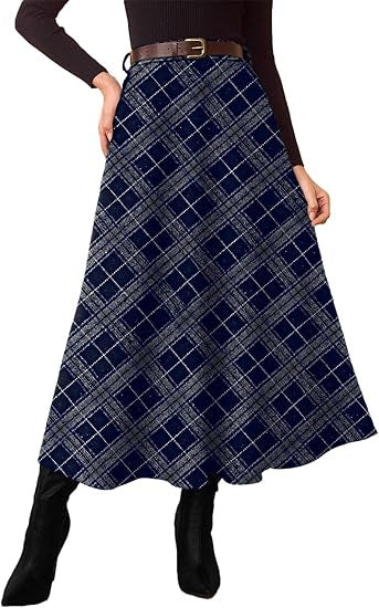Women's Checked Midi Skirt in A-Line with High Waist and Side Pockets Drune