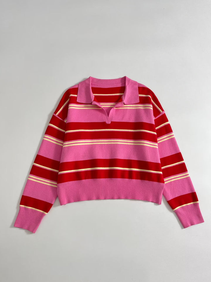 Women's Striped Polo Collar Sweater with Boxy Fit and V-Neck Mune Fashion