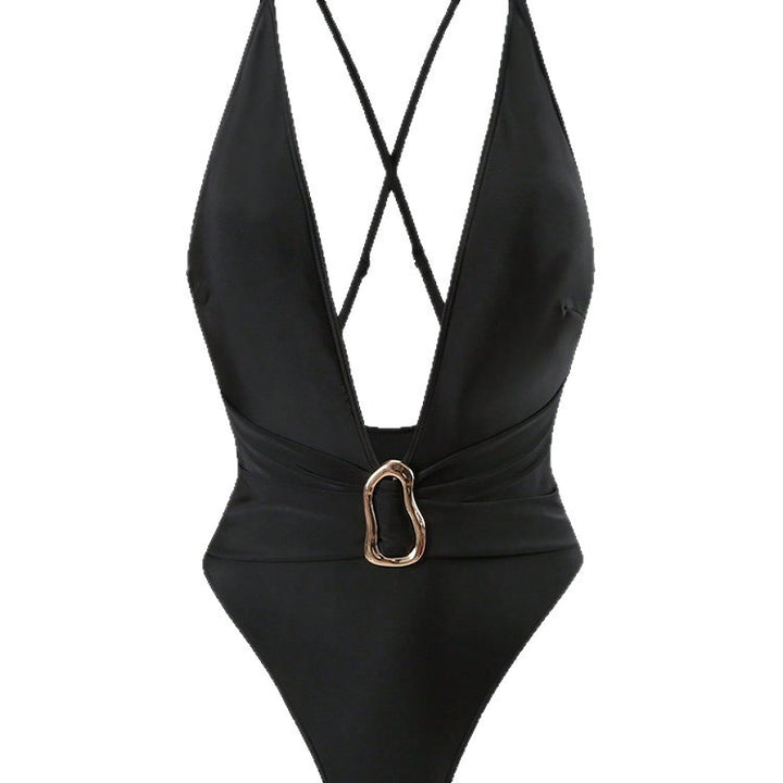 Women's One-Piece Swimsuit with Deep V-Neck and Elegant Gold Detail
