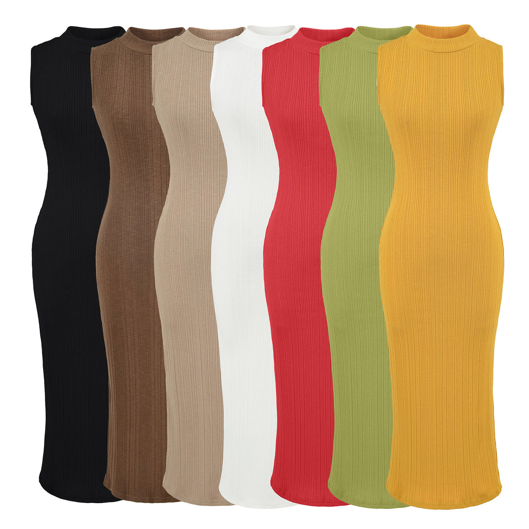 Women’s midi dress in rib knit, sleeveless slim-fit with stand-up collar Mune Fashion