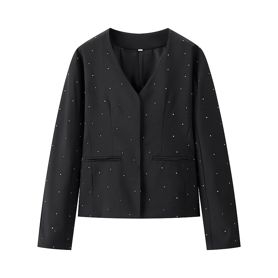 Women nan elegant tailored blazer without collar with decorative stone trim Mune Fashion