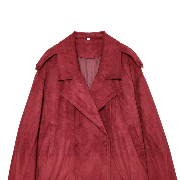 Women Short Cut Double Breasted Suede Look Coat with Shoulder Flaps Mune Fashion