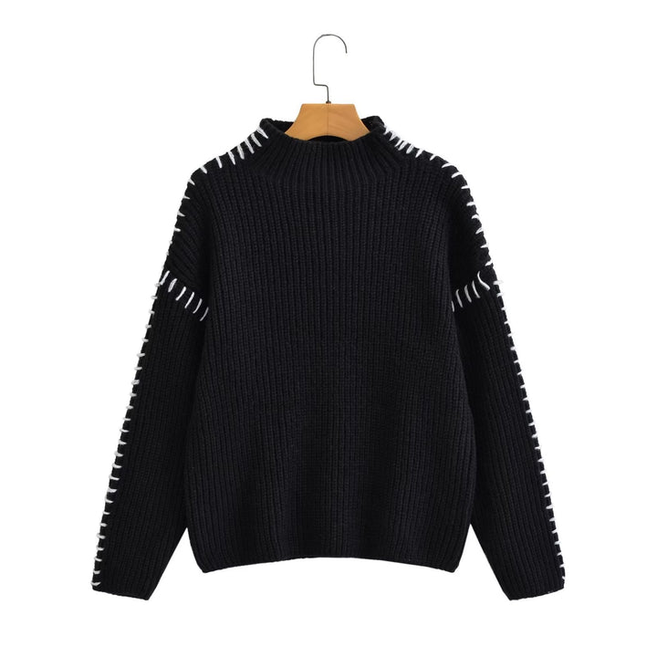 Women's Oversize Knit Sweater with Stand Collar, Balloon Sleeves and Decorative Stitch Mune Fashion