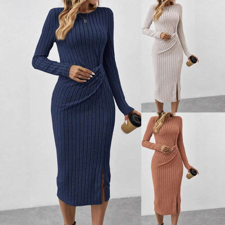Women's Ribbed Midi Dress in Fine Knit with Twisted Waist Detail Drune