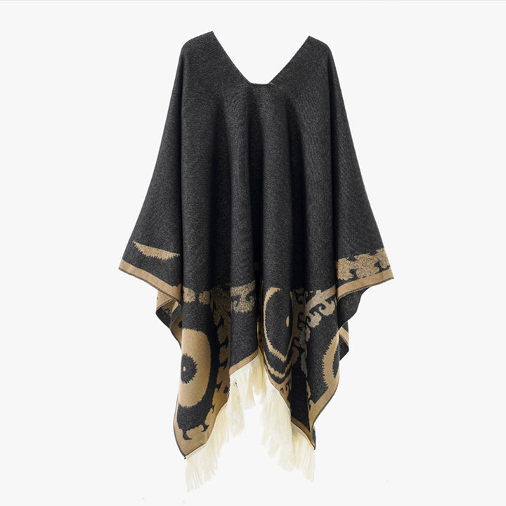 Women's wool blend medallion poncho with V-neck and fringe hem Mune Fashion
