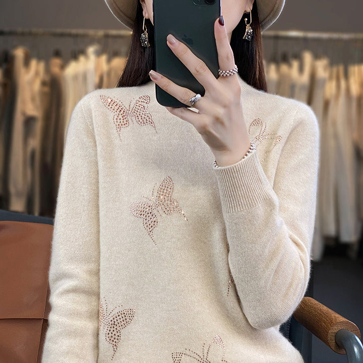 Women Stand Collar Fine Knit Sweater with Rhinestone Butterfly Application Mune Fashion