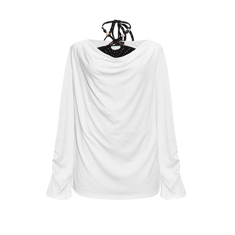 Women Long Draped Long Sleeve Shirt with Waterfall Collar and Gathered Sleeves Mune Fashion