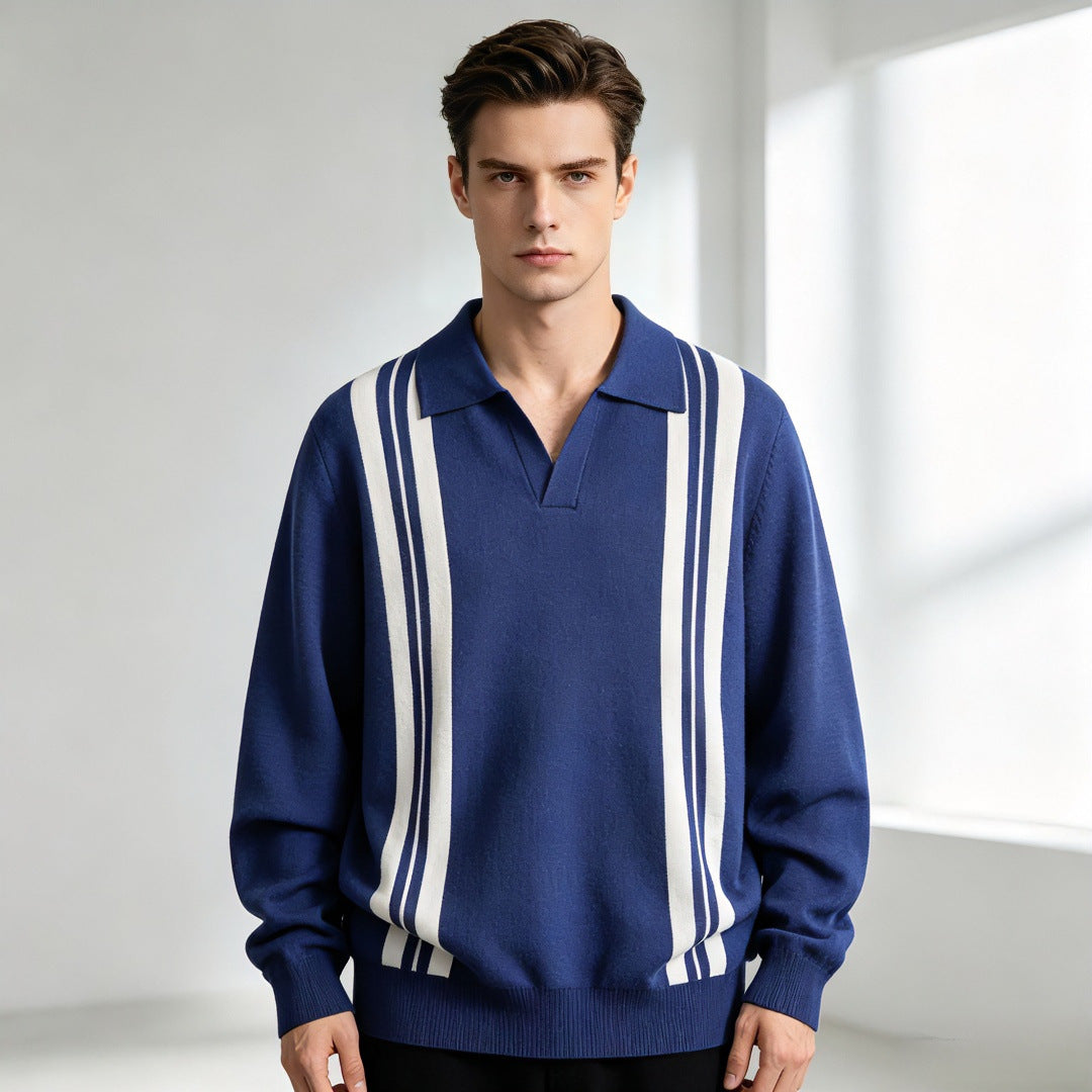 Unisex fine knit polo with open V-neck and vertical contrast stripes Mune Fashion