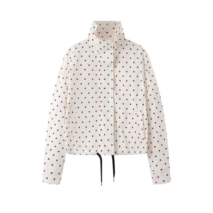Women's Short Dotted Rain Jacket with Stand-Up Collar and Drawstring Mune Fashion