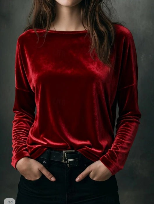 Women's fine velour long-sleeve shirt with boat neckline and boxy silhouette Mune Fashion