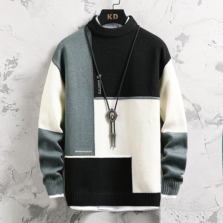 Men's fashionable block design knit sweater with stand-up collar and regular fit Mune Fashion