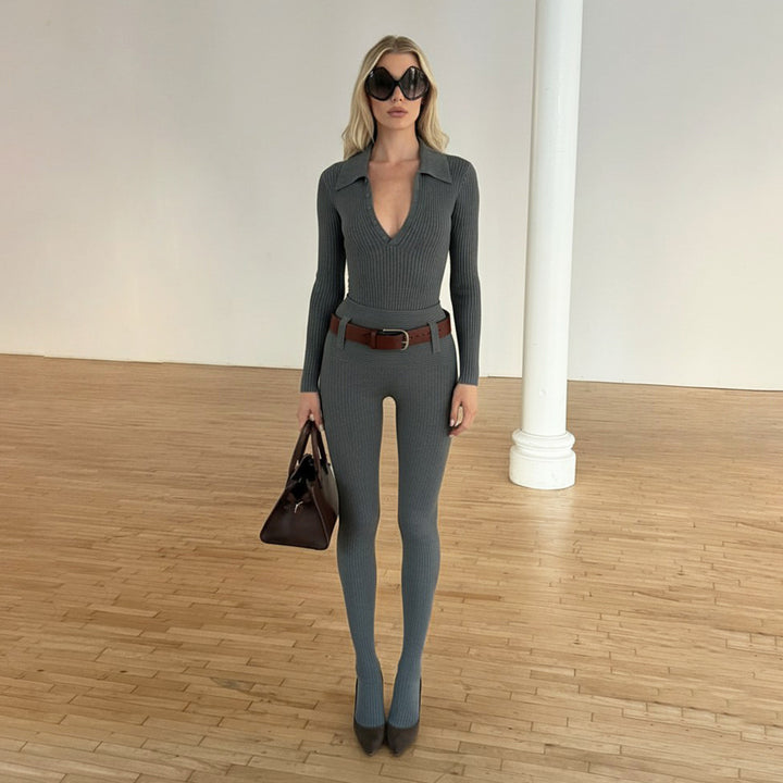 Women Tailored Ribbed Knit Polo with Deep V-Neck and Button Placket Mune Fashion