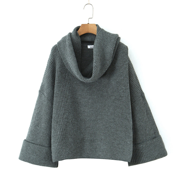 Women's Boxy-Cropped Chunky Knit Pullover with Voluminous Shawl Collar Mune Fashion