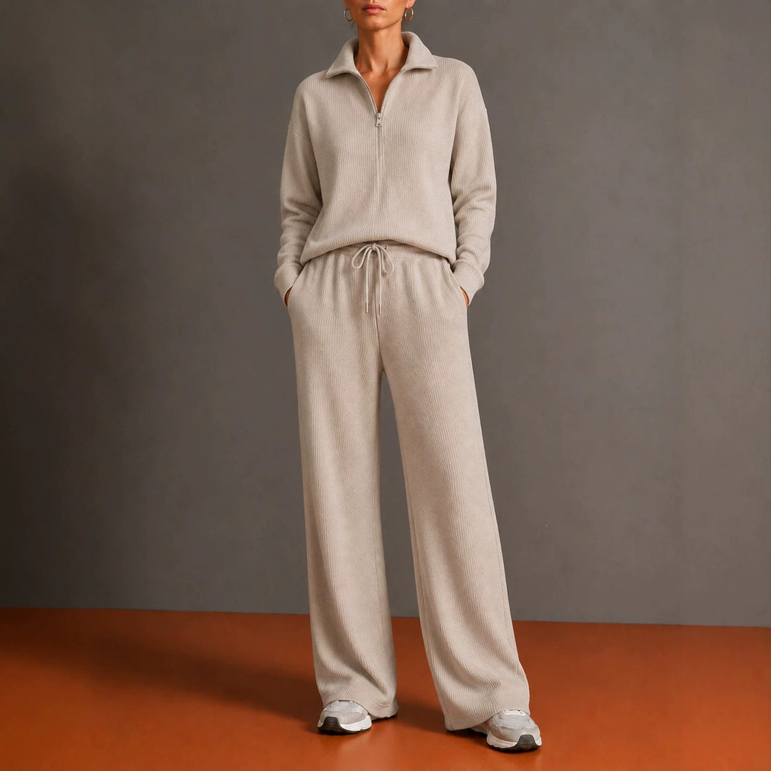 Women's cozy knit relax suit with half zipper, drawstring waistband, and wide leg Mune Fashion