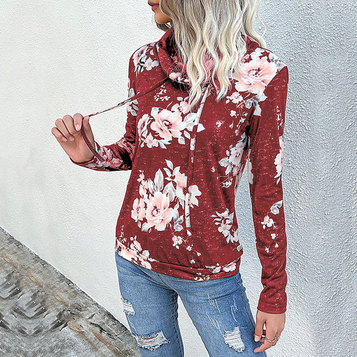 Women's Funnel Neck Sweatshirt with Floral Allover Print and Drawstring Mune Fashion