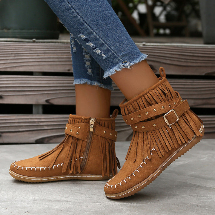 Ladies' ankle-high fringe boots in suede look with decorative buckle, decorative studs, and padded comfort insole Mune Fashion