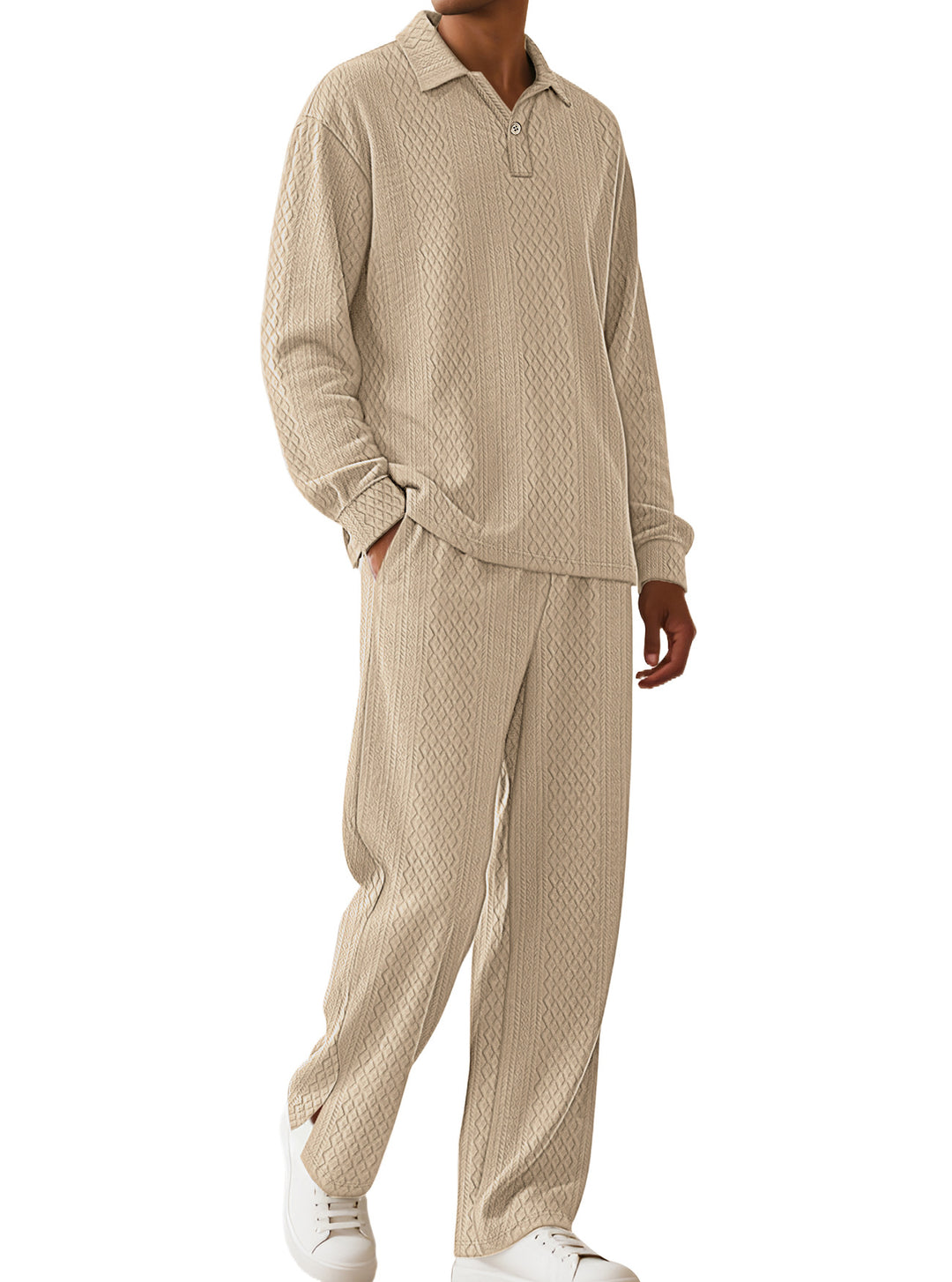 Men's jacquard knit set with polo collar, relaxed fit and straight pants Mune Fashion