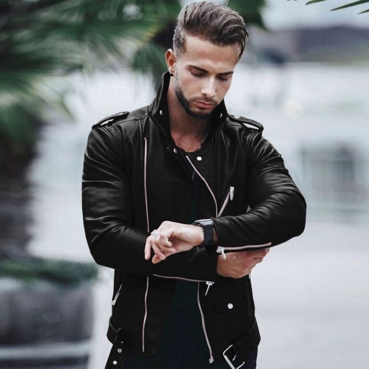Men's stylish biker jacket made of faux leather with asymmetrical zipper and fitted cut Mune Fashion