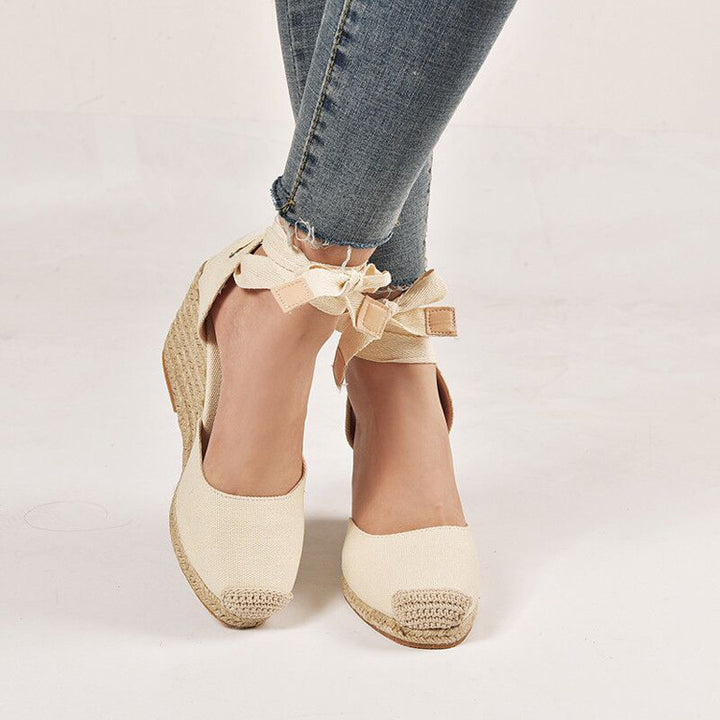 Women nan Textil-espadrille with jute wedge, bow strap ankle strap and crocheted toe cap Mune Fashion