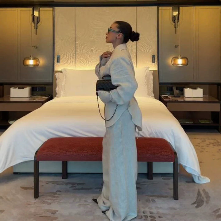 Women's Loose Linen Two-Piece with Boxy Shirt Blazer and Wide Palazzo Pants Mune Fashion