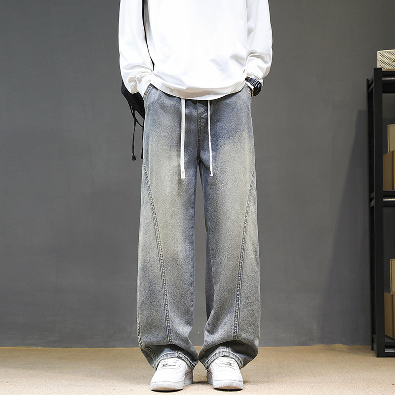 Men's Wide Denim Baggy Jeans with Drawstring Waist, Deep Crotch and Prominent Decorative Stitching Mune Fashion