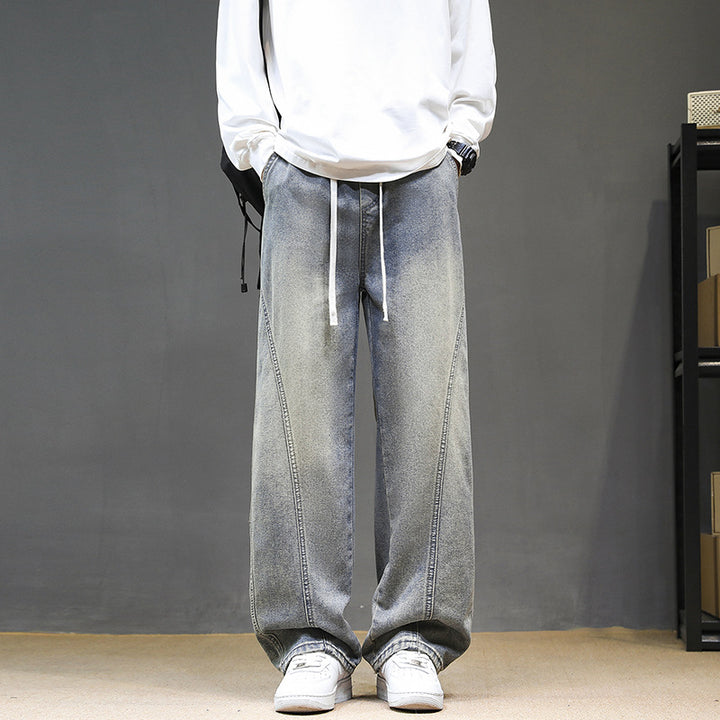 Men's Wide Denim Baggy Jeans with Drawstring Waist, Deep Crotch and Prominent Decorative Stitching Mune Fashion
