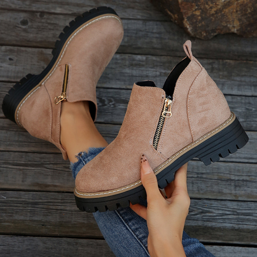 Women nan suede ankle boots with sturdy tread sole and side zipper Mune Fashion