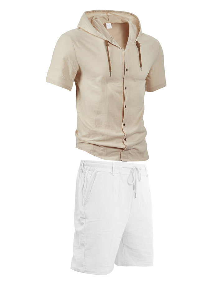 Men's lightweight summer hoodie in linen look with continuous button placket and drawstring Mune Fashion