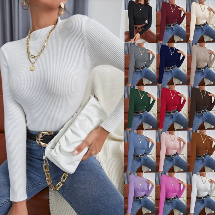 Women's Figure-Hugging Ribbed Knit Top with High Collar and Long Sleeves Mune Fashion