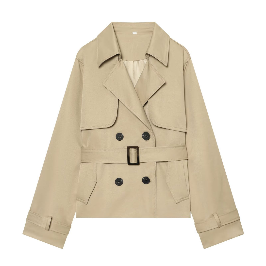 Women's Short Cropped Trench Coat with Double-Breasted Button Placket, Waist Belt, and Epaulettes Mune Fashion